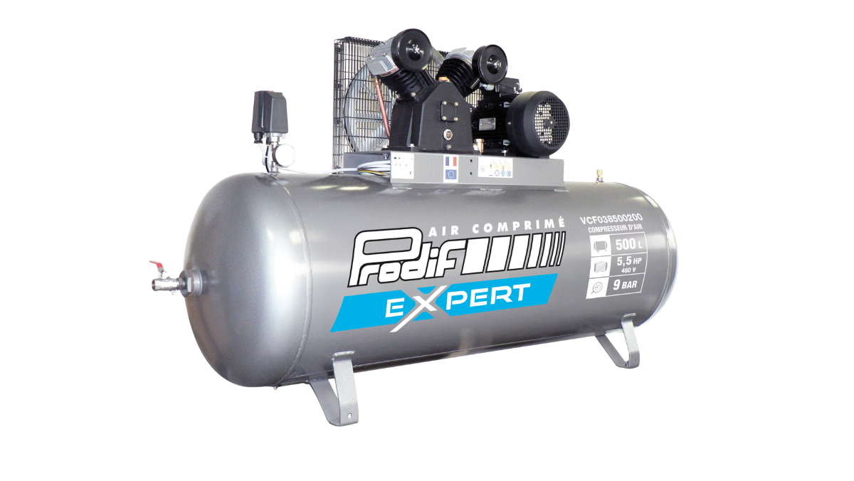 Pack compresseur 500 Litres 5,5CV Mono étagé Prodif Triphasé 400V — Triphasé + kit 7 accessoires Prodif