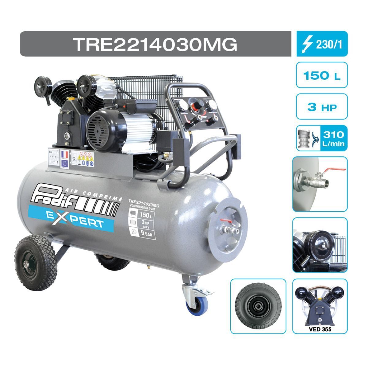 Compresseur 150 Litres 3CV PRODIF TRE — Monophasé — photo 2